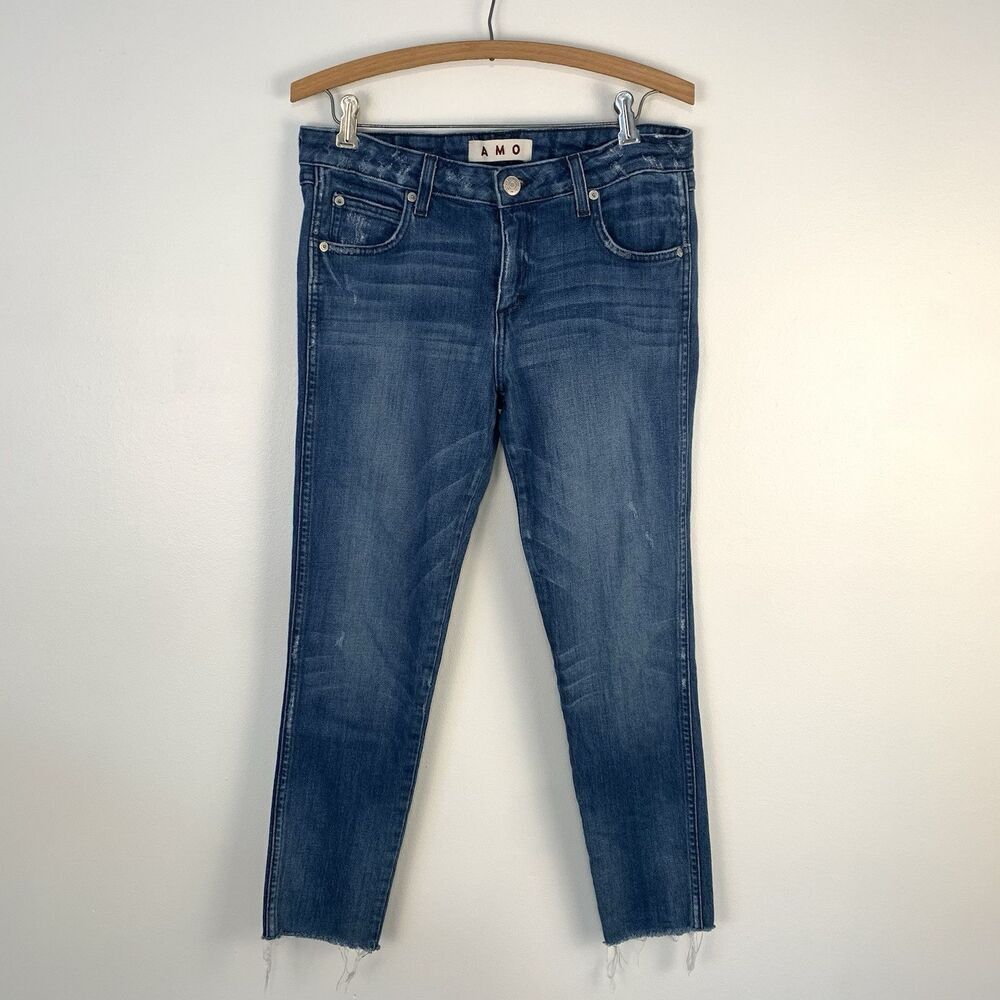 AMO Mid Rise Jeans Denim Stix Crop Raw Hem In Color Pacific Size 29 - Picture 2 of 12